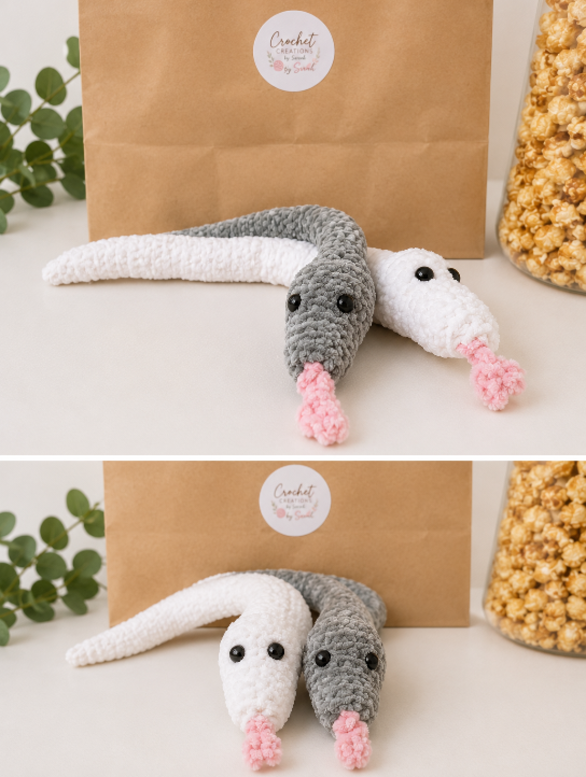 a pair of crochet snakes